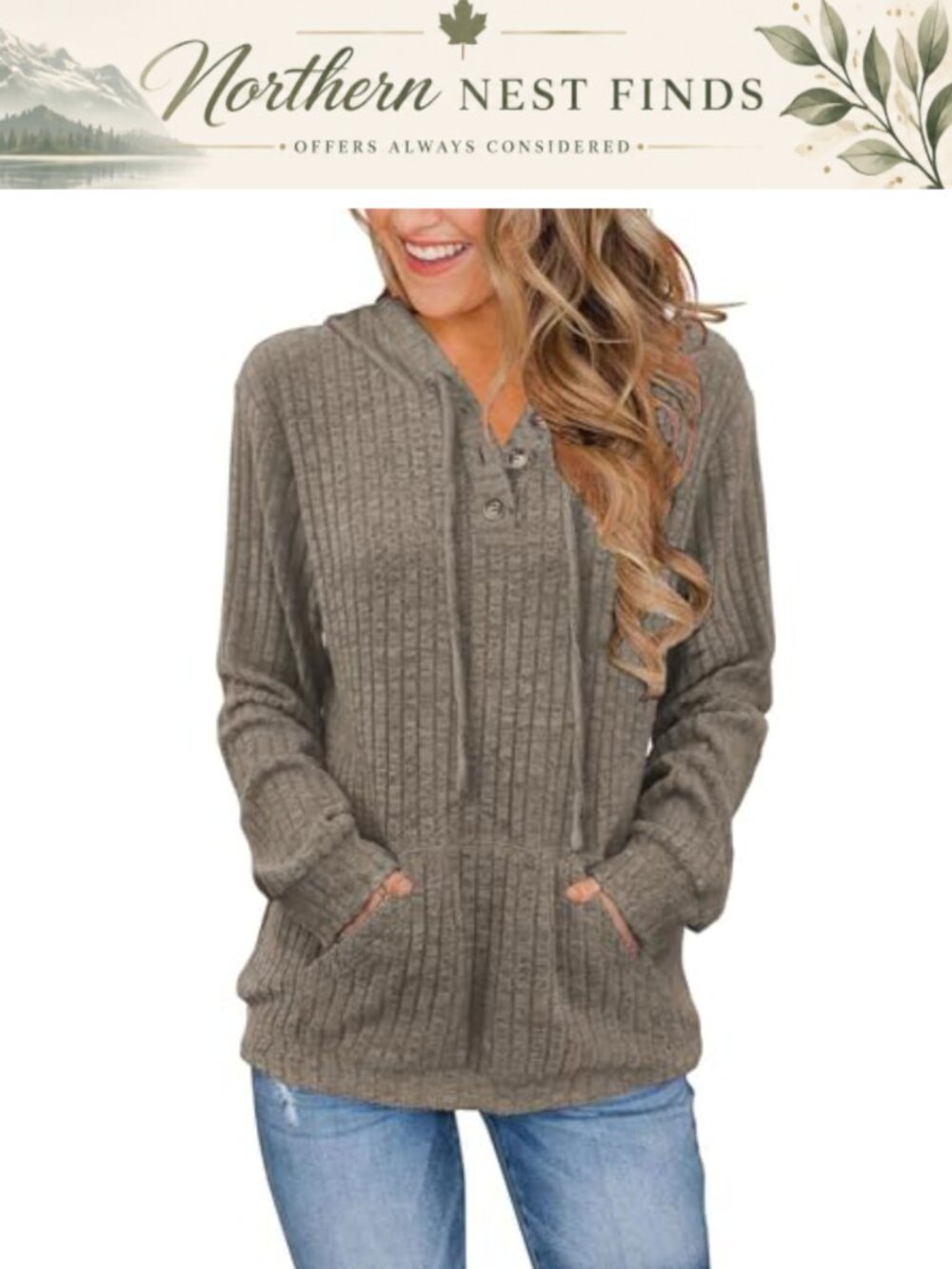 Ribbed Knit Hoodie V Neck Long Sleeve Tunic Pullover Sweatshirt